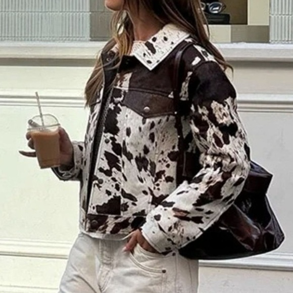 🐮 Hello Gorgeous! Cow Print Button-Front Jacket - Brown/White - Picture 5 of 10